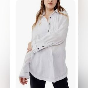 Black Tie Tux Button-Up Cotton Shirt in White Black Stitching Size Medium